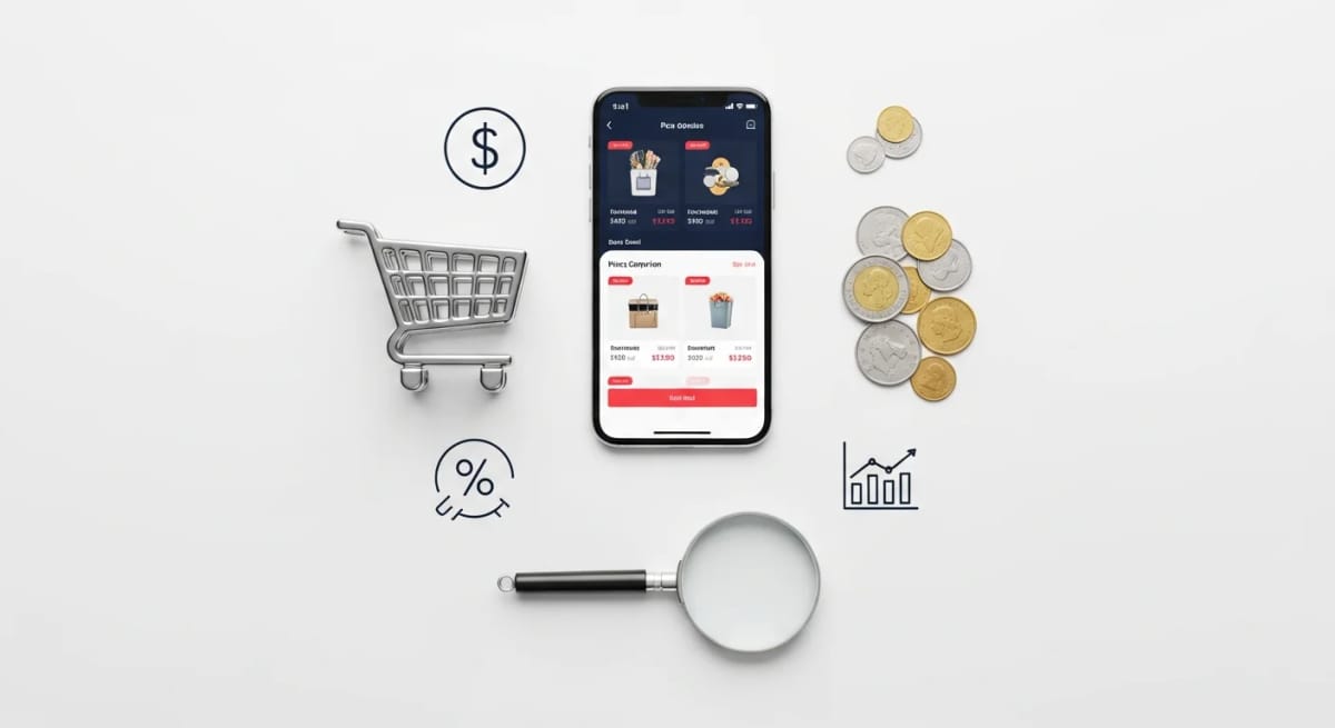 Smart Shopping – Smartphone mit Preisvergleich, Einkaufswagen und Münzen auf weißem Hintergrund